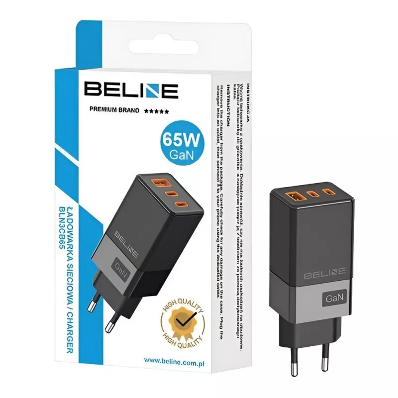 Beline BELI02750 65W GaN sieninis įkroviklis su 2×USB-C ir 1×USB-A