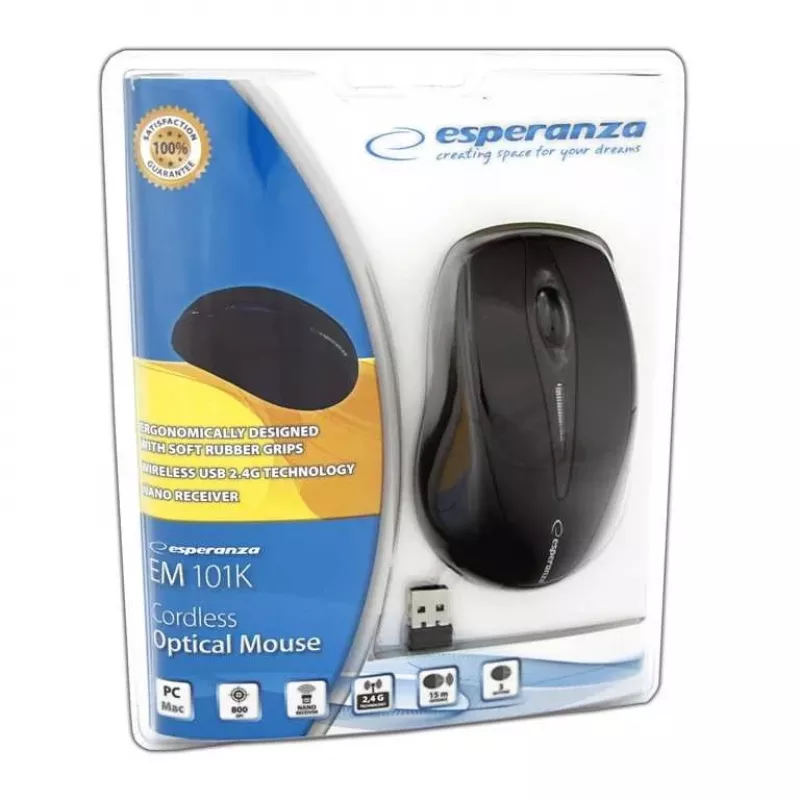 Belaidė RF pelė ESPERANZA EM101K, ambidekstrinė, 1000 DPI, 2.4 GHz nano USB imtuvas, juoda
