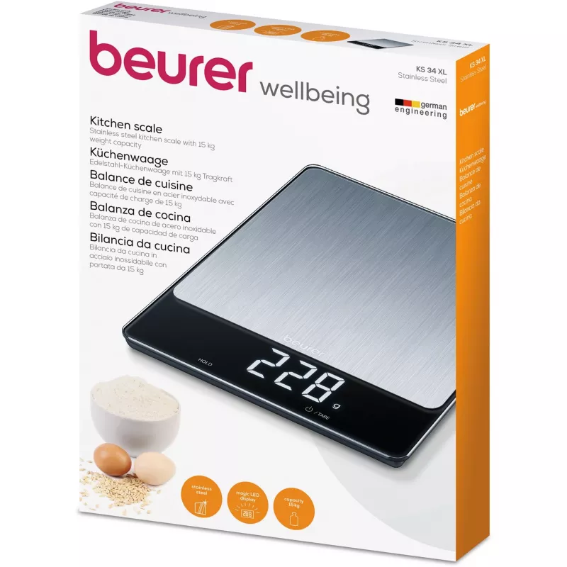 Virtuvinės svarstyklės Beurer KS 34 XL nerūdijantis plienas, talpa 5 kg, tikslumas 1 g