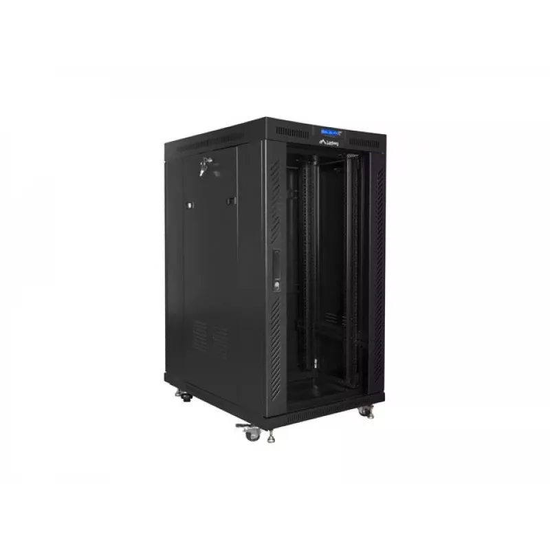 Laisvai pastatomas 19 colių 22U 800x1000 stiklinėmis durimis LCD (plokščia pakuotė) V2 juodos spalvos Lanberg FF01 serijos serverio spinta