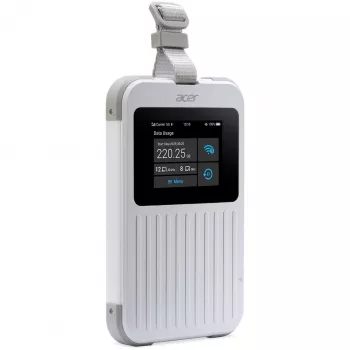 Nešiojamas maršrutizatorius Acer Connect M6E su 20 GB, dviejų juostų (2,4 GHz + 5 GHz arba 2,4 GHz + 6 GHz), Wi‑Fi 6E, 5G, IP68, 2x2 vidinės antenos, 4 GB RAM, 2,5 GHz CPU