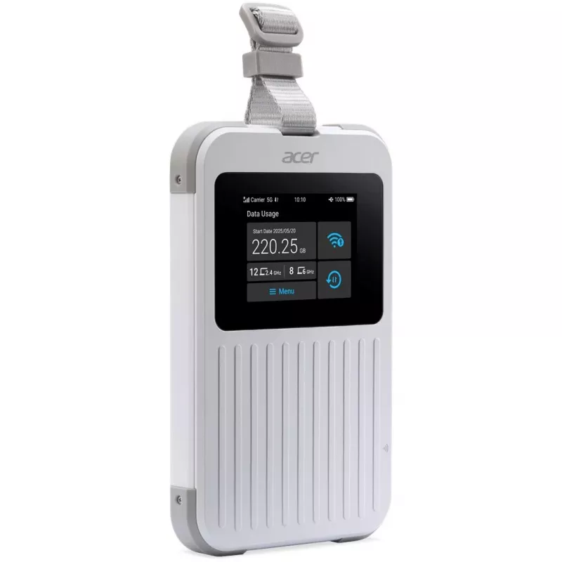 Nešiojamas maršrutizatorius Acer Connect M6E su 20 GB, dviejų juostų (2,4 GHz + 5 GHz arba 2,4 GHz + 6 GHz), Wi‑Fi 6E, 5G, IP68, 2x2 vidinės antenos, 4 GB RAM, 2,5 GHz CPU