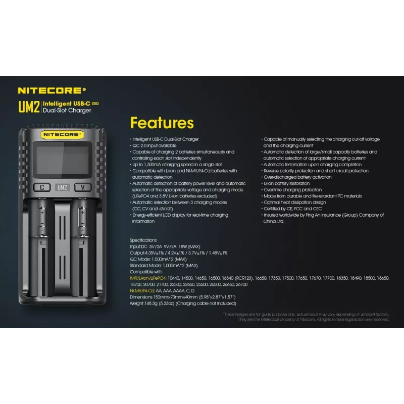 Nitecore UM2 baterijų įkroviklis buitinėms baterijoms DC Ličio jonų ir nikelio-kadmio