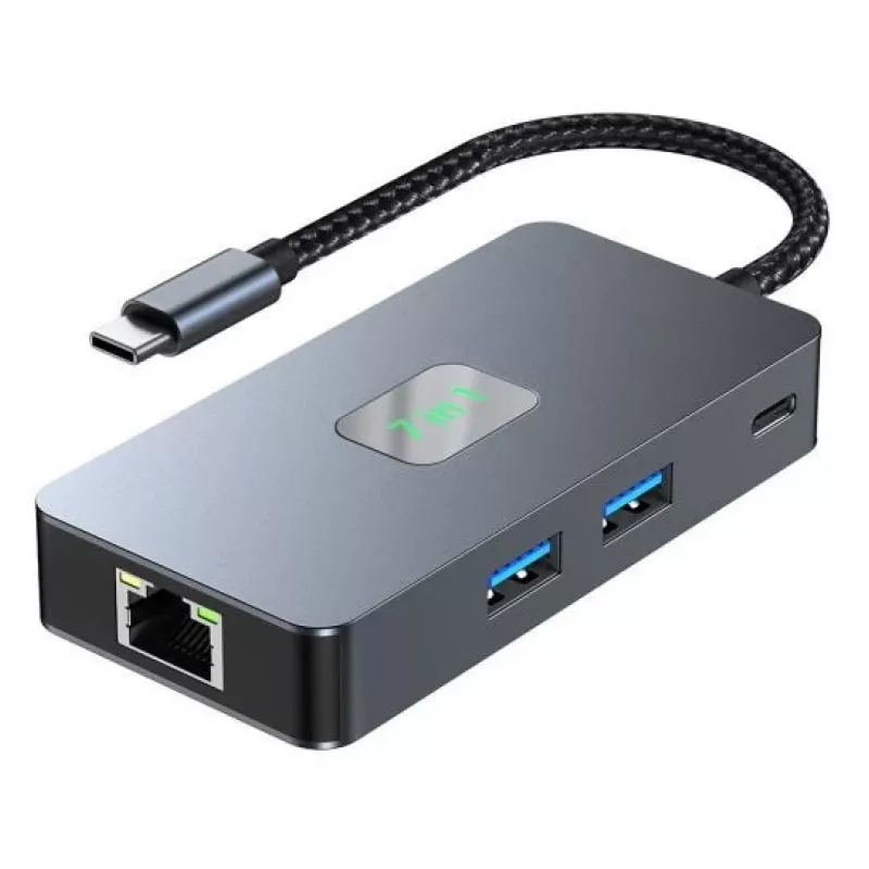 TB USB-C 7 viename adapterio šakotuvas HDMI USB SD/TF RJ45 (2500 Mbps) PD