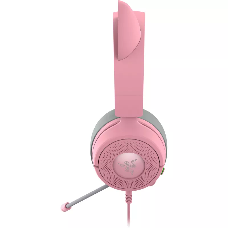 Ausinės Razer Kraken Kitty V3 X — laidinės USB Type-A, uždengiančios ausis, 20–28 kHz, 1,3 m laidas, rožinės