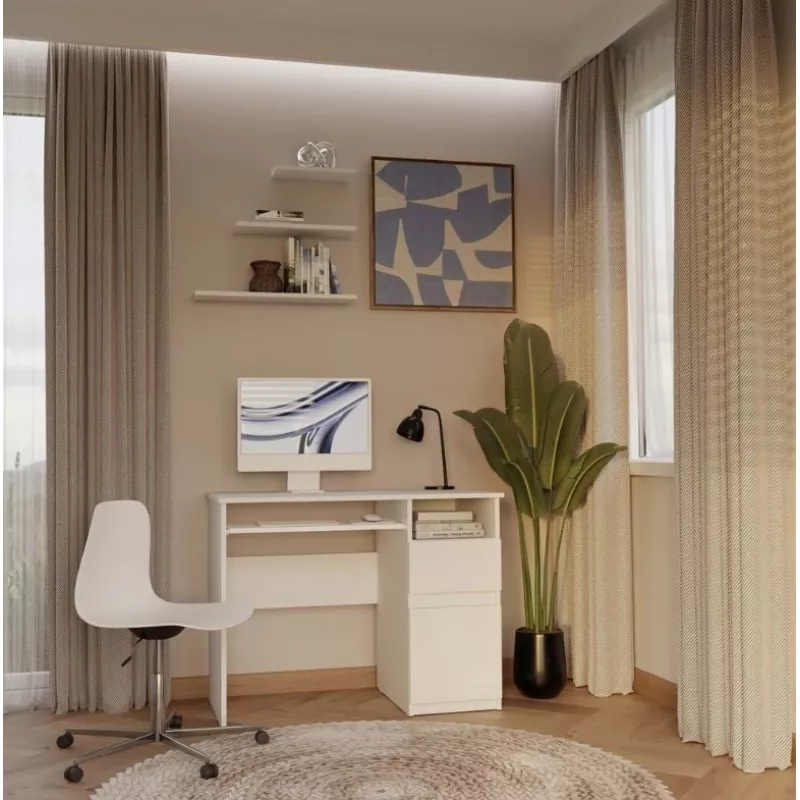 Stalinis kompiuterinis stalas PORTO Desk Right White, 985×510×755 mm, 1 stalčius, klaviatūros lentyna