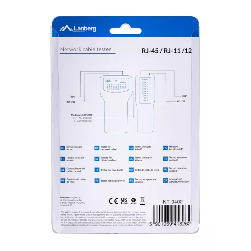 PoE tester LANBERG NT-0402 – tinklo kabelių testeris su RJ-45/RJ-11 palaikymu, LED indikatoriais, maitinimo indikatoriumi, įjungimo/išjungimo mygtuku
