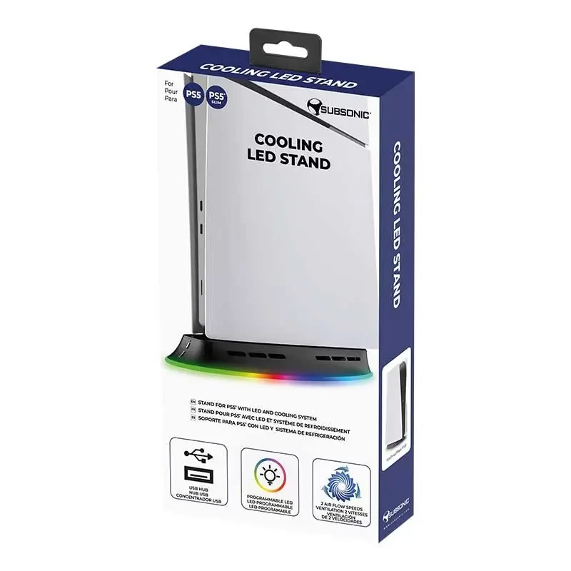 Aušinimo stovas SUBSONIC SA5656 PS5 ir PS5 Slim su LED lemputėmis, daugiaventiliatoriniu aušinimu, USB maitinimu