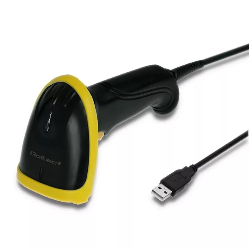 Rankinis brūkšninių kodų skaitytuvas QOLTEC 50867 — 1D/2D lazerinis, USB laidinis, 600 mm diapazonas, geltona/juoda