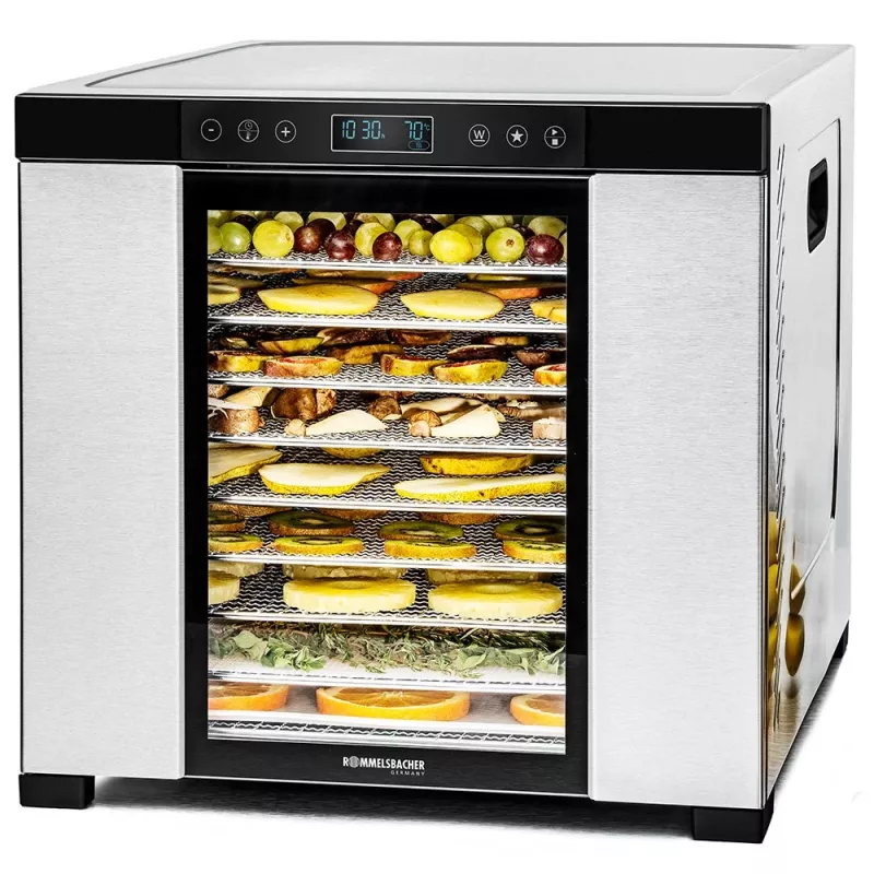 Maisto džiovintuvas Rommelsbacher DA1050, nerūdijantis plienas, 5 padėklai (10 nerūdijančio plieno padėklų), reguliuojamas 35–75 °C, 99 h laikmatis, 1,6 m² džiovinimo plotas