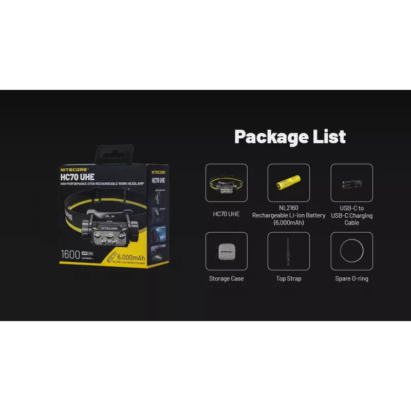Nitecore HC70 UHE priekinė lemputė – 1600 liumenų, atspari smūgiams ir vandeniui, 0,172 kg, juoda