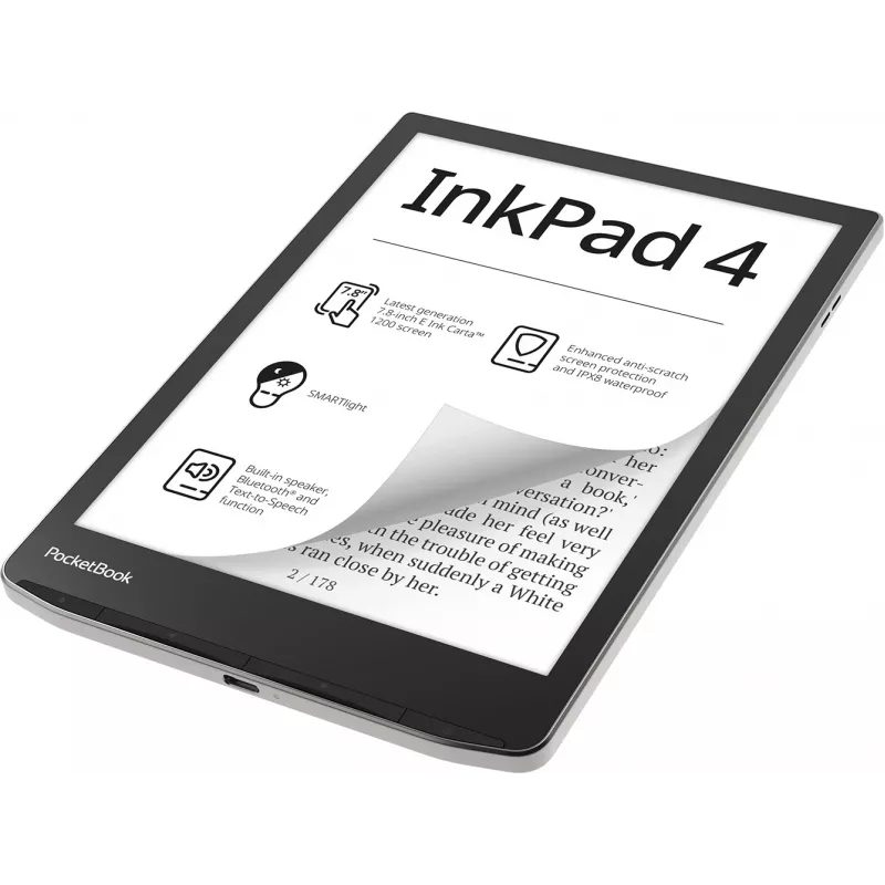 E-knygų skaitytuvė PocketBook InkPad 4 7,8 colio E Ink Carta, 32 GB, Wi‑Fi, juoda/sidabrinė