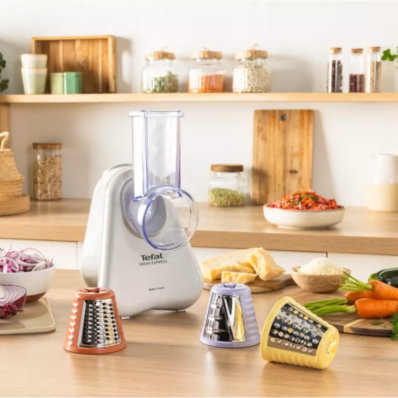Elektrinė daržovių tarkavimo mašina Tefal Fresh Express DN853BE0 — 150 W, 3 keičiami antgaliai, 1 greitis, kreminė