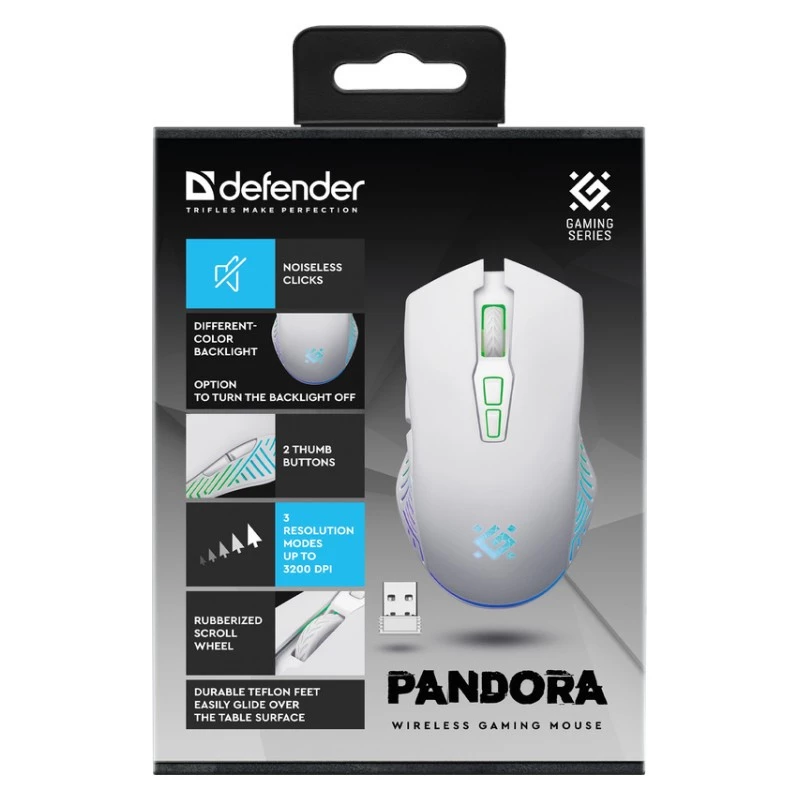 Belaidė žaidimų pelė DEFENDER Pandora White – ambidekstrinė, 3200 DPI, 6 mygtukų, programuojama, optinė, USB