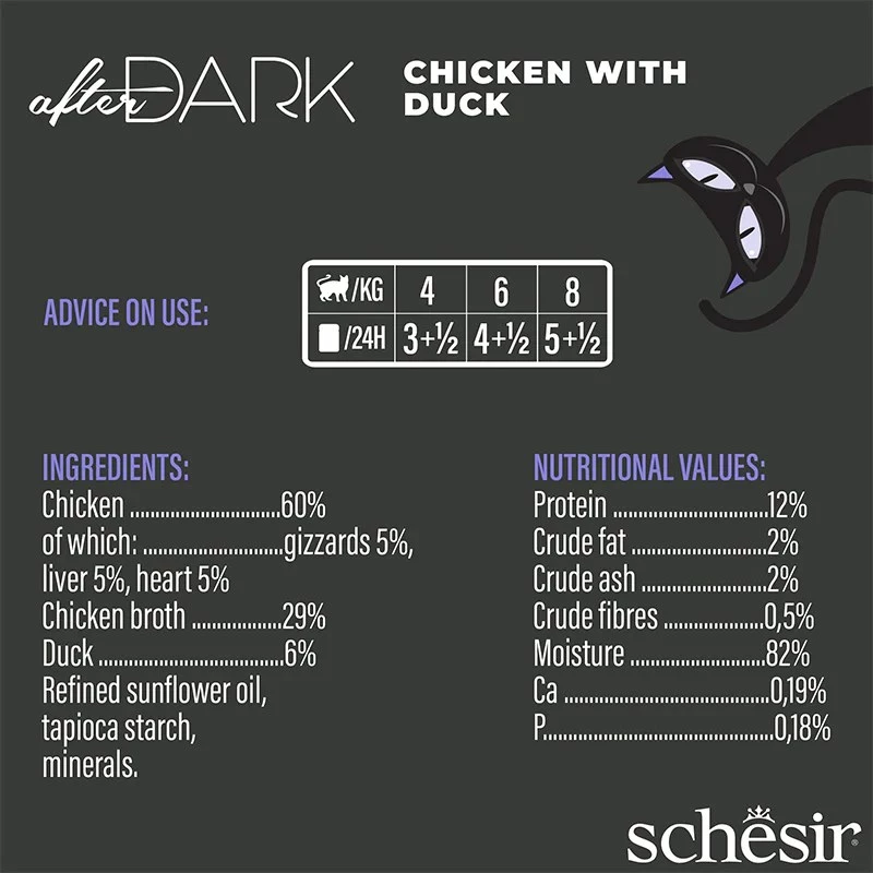 Šlapias kačių ėdalas Agras Pet Foods Schesir after Dark Complete Brühe 80 g – vištiena, be grūdų, be glitimo ir sojos
