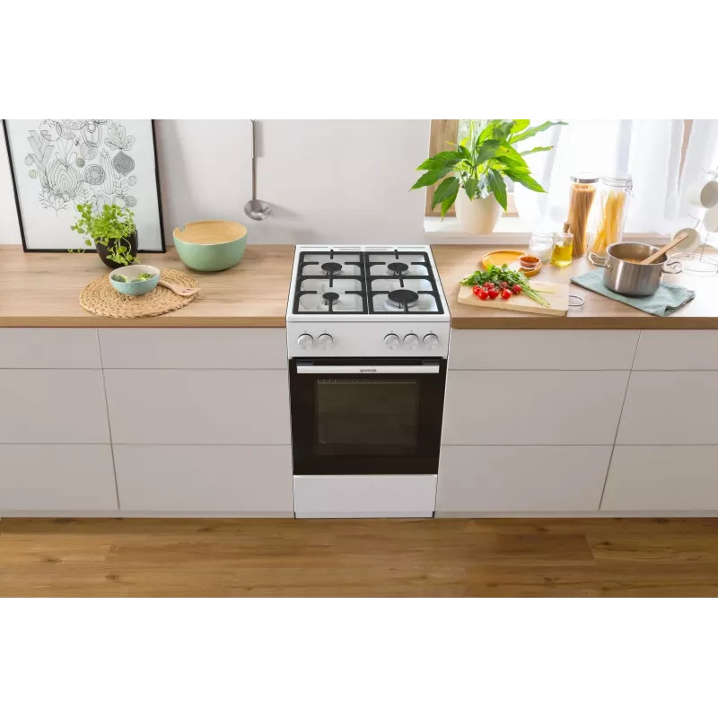 Laisvai pastatoma dujinė viryklė su orkaite Gorenje GG5A10WFFM — 4 degiklių kaitlentė, 70 L orkaitė, emaliuotas viršus, balta