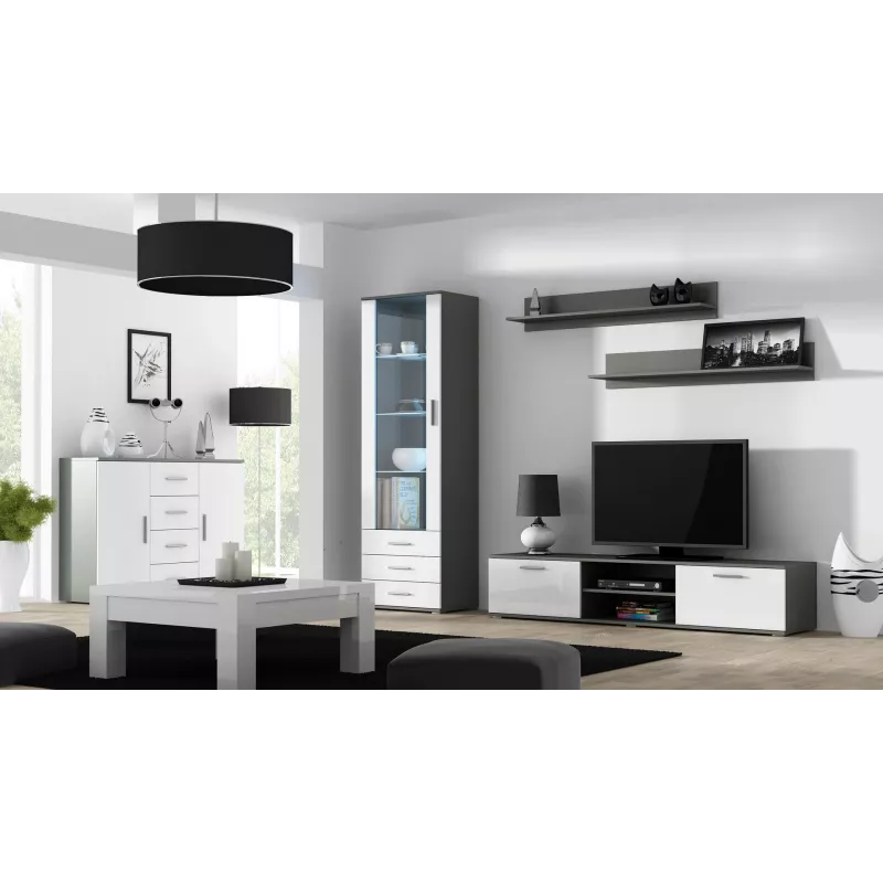 Sideboard Cama Meble UNI pilkos/baltos glotnios spalvos, 2 durys, 2 lentynos, 1320×380×920 mm