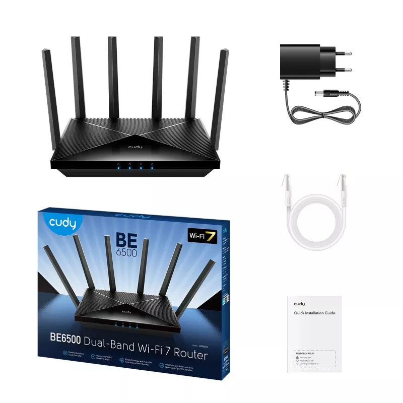 Cudy WR6500H stalinis belaidis maršrutizatorius – Dviejų juostų 2.4/5 GHz, Wi‑Fi 7 (802.11be), 5765 Mbps, 2.5GbE LAN, 5x RJ-45, 3x3 antenos, juodas