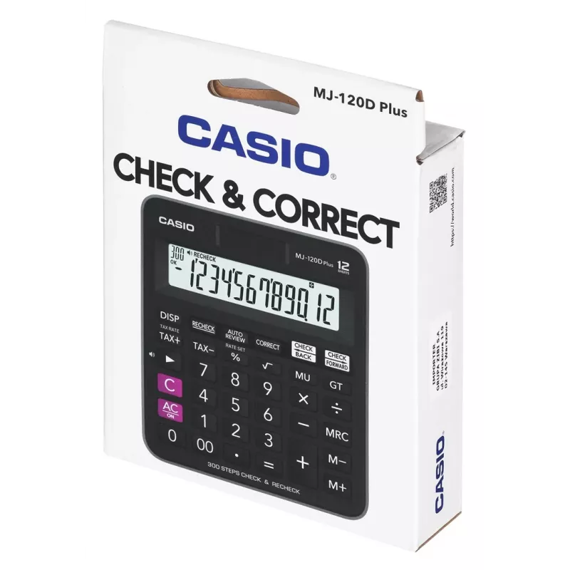 Stalinis skaičiuotuvas CASIO MJ-120D PLUS – 12 skaitmenų, baterija/saulė, 35 klavišai, mokesčių ir kvadratinės šaknies funkcijos, juodas