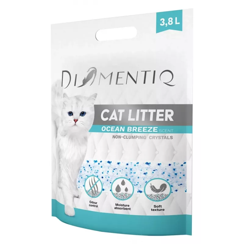 Kreminis kačių kraikas DIAMENTIQ Ocean Breeze 3,8 l – Silikoniniai granulės, 1,5 kg, antibakterinis, be dulkių