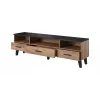 TV stovas Cama Meble LOTTA 180 cm – ąžuolo Wotan rėmas, matinis juodas medžio drožlių plokštės viršus, 1800×400×530 mm