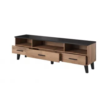 TV stovas Cama Meble LOTTA 180 cm – ąžuolo Wotan rėmas, matinis juodas medžio drožlių plokštės viršus, 1800×400×530 mm