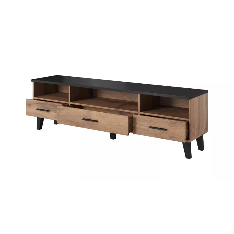 TV stovas Cama Meble LOTTA 180 cm – ąžuolo Wotan rėmas, matinis juodas medžio drožlių plokštės viršus, 1800×400×530 mm