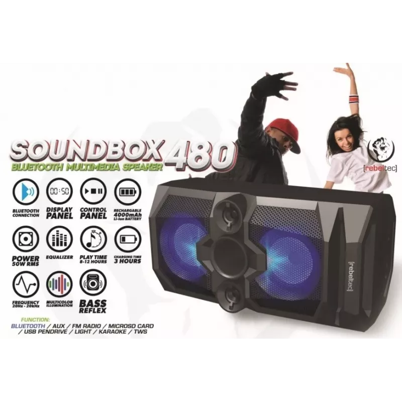 Rebeltec SoundBox 480 nešiojamas Bluetooth stereo garsiakalbis juodas, 50W RMS