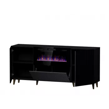 Komoda su elektriniu židiniu Cama Meble PAFOS 180x42x82 cm matinė juoda, 3 durelės, 2 lentynos, 1400–1600 W