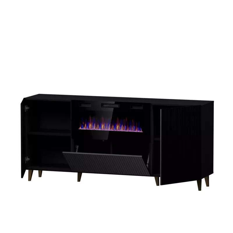 Komoda su elektriniu židiniu Cama Meble PAFOS 180x42x82 cm matinė juoda, 3 durelės, 2 lentynos, 1400–1600 W