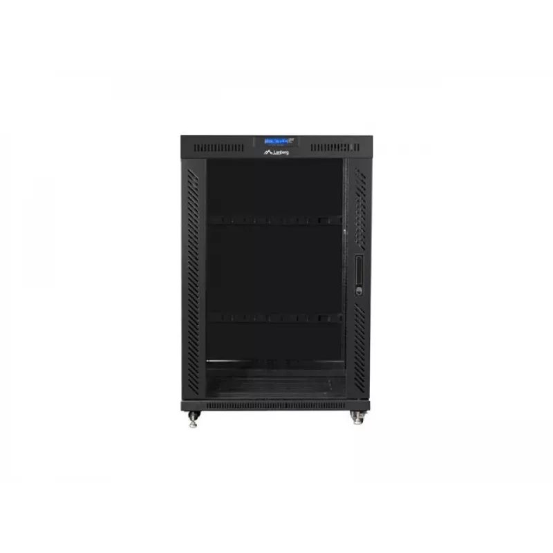 Laisvai pastatomas 19 colių 22U 800x1000 stiklinėmis durimis LCD (plokščia pakuotė) V2 juodos spalvos Lanberg FF01 serijos serverio spinta