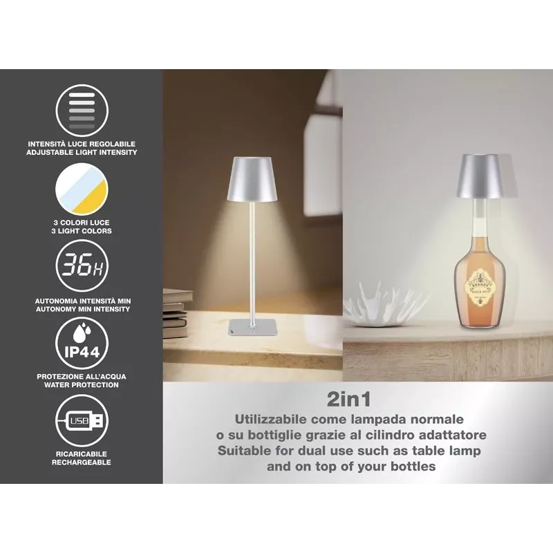 Beper P201UTP117 akumuliatorinė LED stalo lempa, 1,5 W, jutiklinis jungiklis, su ryškumo reguliavimu, 33 mm buteliui skirtas adapteris, atspari vandeniui, sidabro spalvos