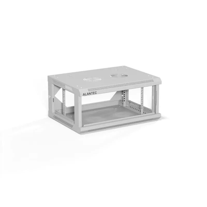 Sieninis 19 colių 4U tinklo spintos korpusas Alantec 600x450 mm su stiklo durimis, nuimamomis galinėmis ir šoninėmis plokštėmis