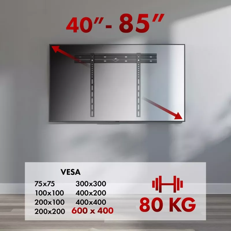 Sieninis TV laikiklis MACLEAN MC-123 itin plonas, VESA 400x400 mm, plokščiaekraniams televizoriams iki 80 kg