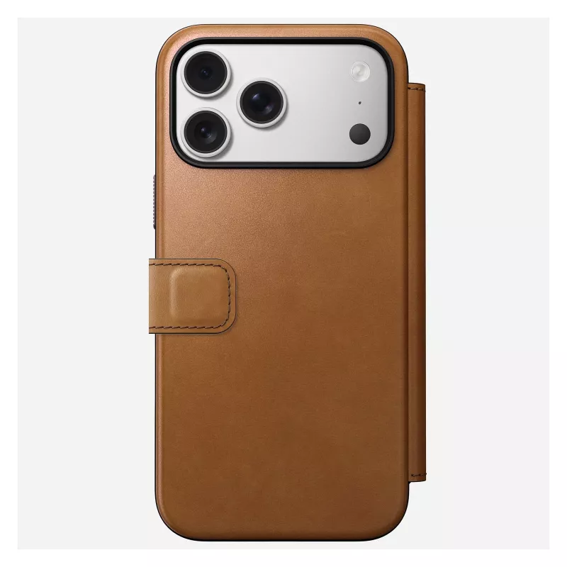 Nomad Modern Leather Folio dėklas iPhone 17 Pro Max – Tan (rudas), tinka iki 17,5 cm (6,9 colio) ekranui, 4 kortelių kišenės