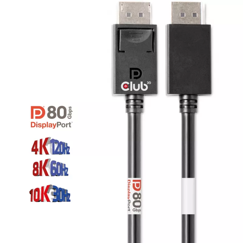 Club 3D CAC-1091 DisplayPort 2.1 kabelis, VESA DP80 sertifikuotas, dvikryptis, 4K120Hz / 8K60Hz / 10K30Hz, kištukas–kištukas, 1,2 m