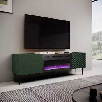 Spintelė televizoriui su elektriniu židiniu Cama Meble ONDA 180,5×40×58,0 cm, medžio drožlių plokštė, žalia, ant kojelių arba montuojama ant sienos