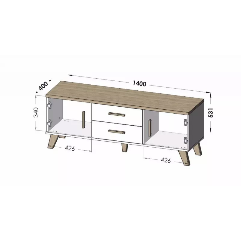 TV stovas Cama Meble LOTTA 140 cm – wotan ąžuolo rėmas, juoda medžio drožlių plokštės viršus, 1400×400×530 mm