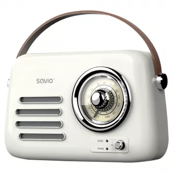 Nešiojamas radijas SAVIO RS-02 — analoginis FM imtuvas, Bluetooth 5.3, USB maitinimas, 3 W, baltas