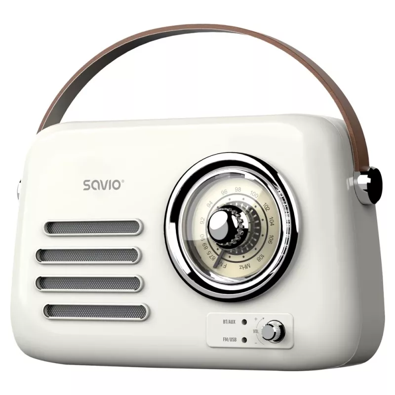 Nešiojamas radijas SAVIO RS-02 — analoginis FM imtuvas, Bluetooth 5.3, USB maitinimas, 3 W, baltas