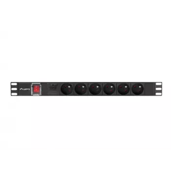 Maitinimo skirstytuvas LANBERG PDU-06E-0200-BK — 6x E tipo lizdai, 16 A, 2 m laidas, 1U stelažas, 220–250 V