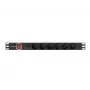 Maitinimo skirstytuvas LANBERG PDU-06E-0200-BK — 6x E tipo lizdai, 16 A, 2 m laidas, 1U stelažas, 220–250 V