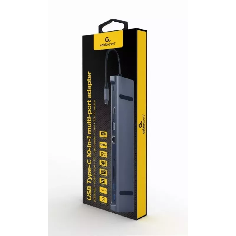 Gembird a-CM-COMBO10-01 nešiojamojo kompiuterio dokas / prievadų replikatorius, laidinis USB