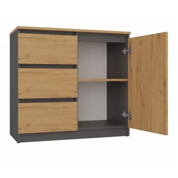 Komoda Topeshop 1D3S ANT/ART BA KPL — antracitas ir ąžuolas, 3 stalčiai, medžio drožlių plokštės rėmas