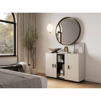 Komoda Cama Meble SOHO 120×41×80 cm – kaušiniai fasadai, juodas karkasas