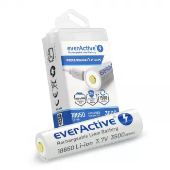18650 Li-Ion 3,7V everActive 3500mAh baterija (1 vnt.) su mikro-USB ir apsauga