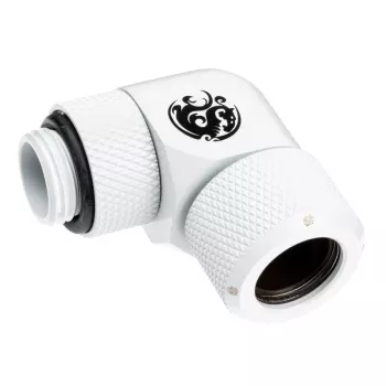 Jungtis BitsPower BP-DWE90RMLA12 — žalvarinė 90° kampinė jungtis, balta, Ø 12 mm
