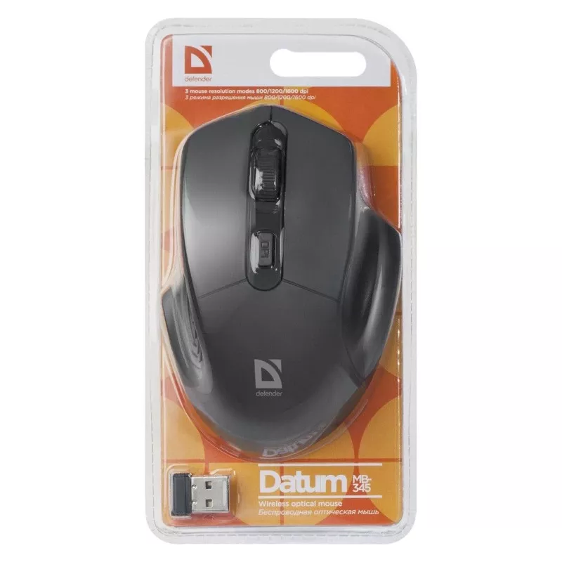 Belaidė optinė pelė DEFENDER Datum MB-345 RF, ambidekstrinė/dešinei rankai, 1600 DPI, 3 mygtukai, USB RF imtuvas, juoda