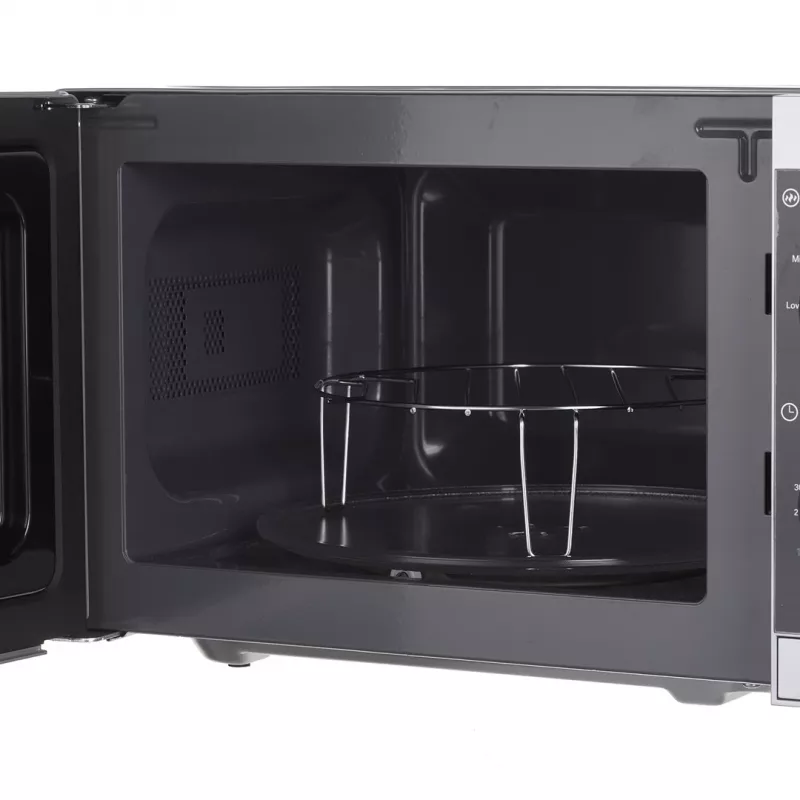 Kombinuota mikrobangų krosnelė Sharp YC-MG01E-S — 20 l, 800 W mikrobangos, 1000 W grilis, 5 galios lygiai, sukamasis valdiklis, 25,5 cm padėklas