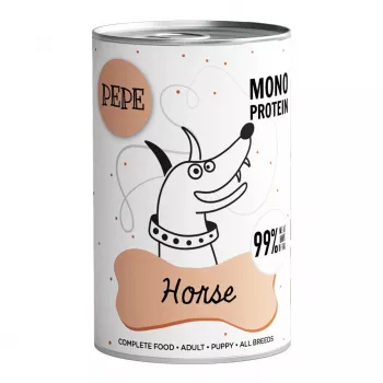Šlapias šunų ėdalas PAKA ZWIERZAKA Pepe Horse 400 g skardinė, suaugusiems šunims, vieno baltymo, 10,9 % baltymų, 4 % riebalų